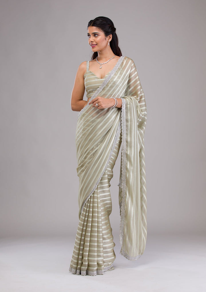 Pista Green Stonework Semi Crepe Saree-Koskii