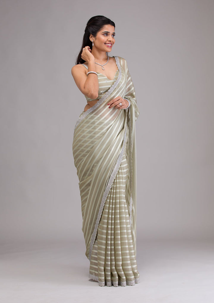Pista Green Stonework Semi Crepe Saree-Koskii