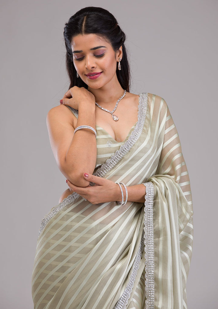 Pista Green Stonework Semi Crepe Saree-Koskii