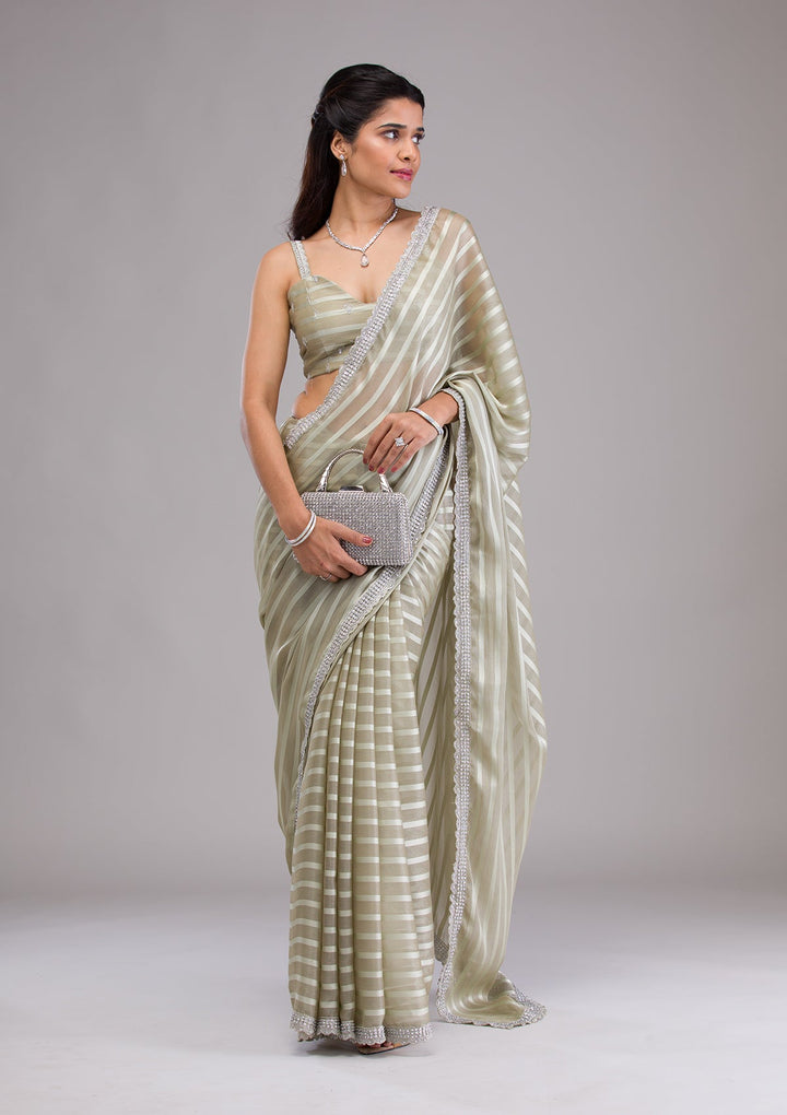 Pista Green Stonework Semi Crepe Saree-Koskii