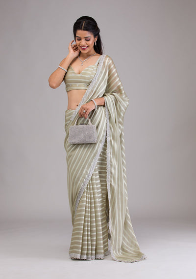 Pista Green Stonework Semi Crepe Saree-Koskii