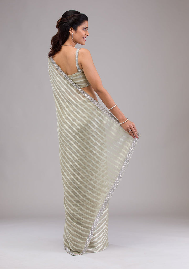 Pista Green Stonework Semi Crepe Saree-Koskii