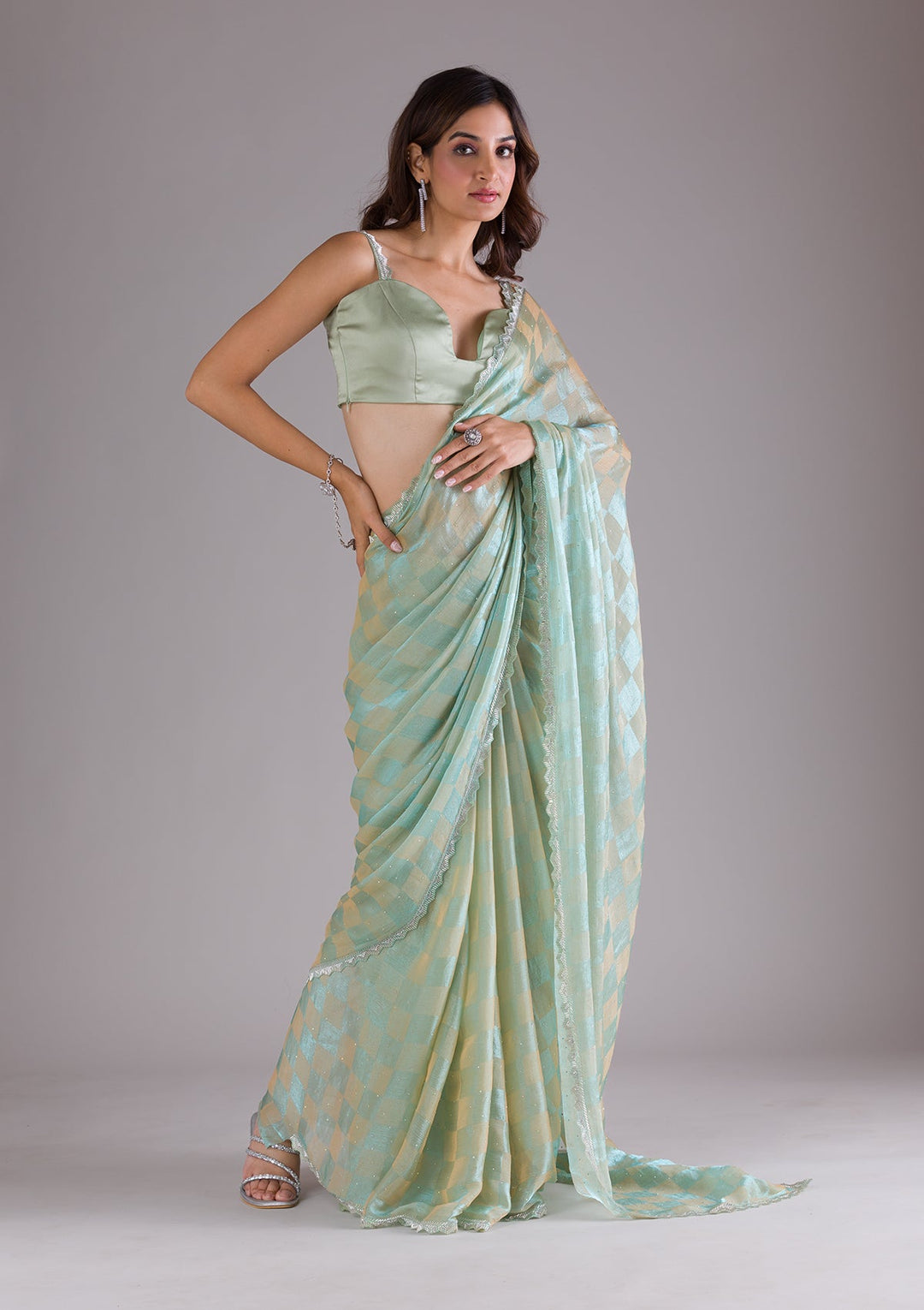 Pista Green Stonework Semi Crepe Saree-Koskii