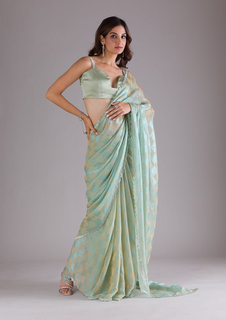 Pista Green Stonework Semi Crepe Saree-Koskii