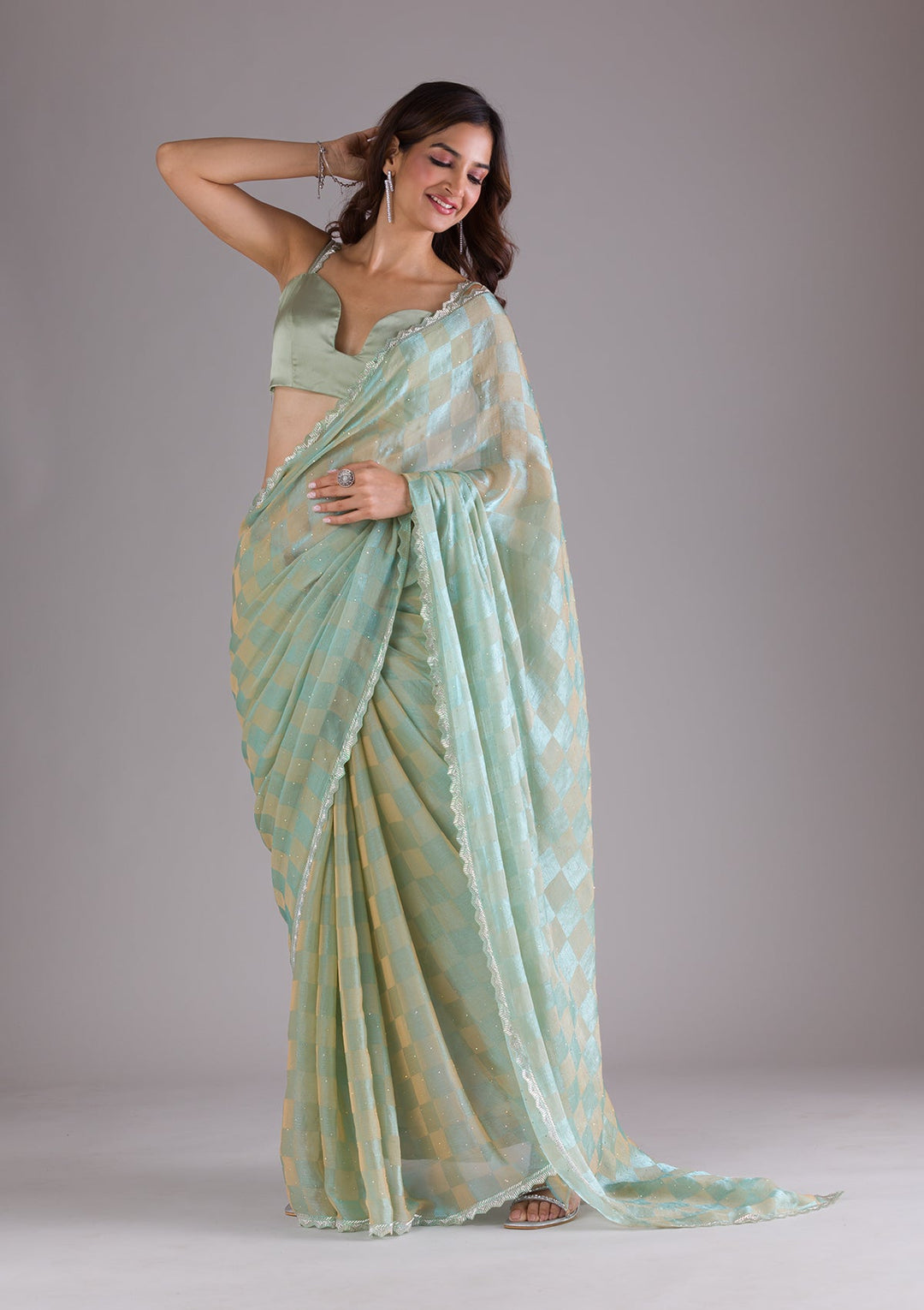 Pista Green Stonework Semi Crepe Saree-Koskii