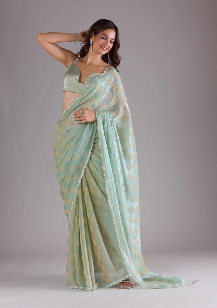 Pista Green Stonework Semi Crepe Saree-Koskii