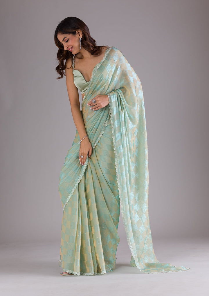 Pista Green Stonework Semi Crepe Saree-Koskii