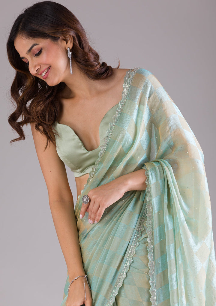 Pista Green Stonework Semi Crepe Saree-Koskii