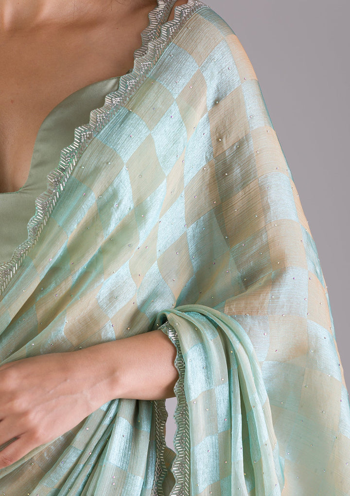 Pista Green Stonework Semi Crepe Saree-Koskii