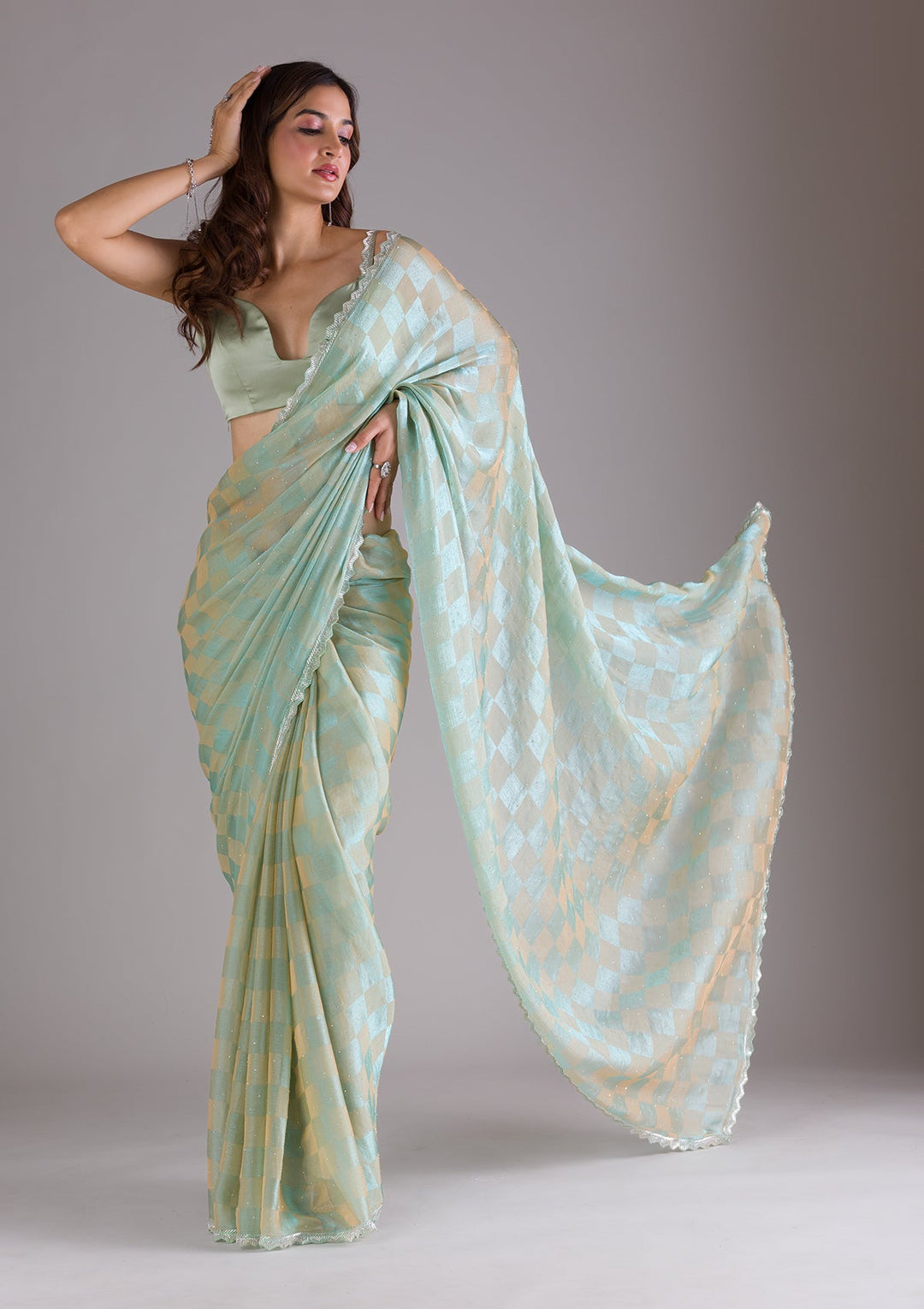 Pista Green Stonework Semi Crepe Saree-Koskii
