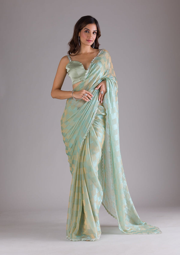 Pista Green Stonework Semi Crepe Saree-Koskii