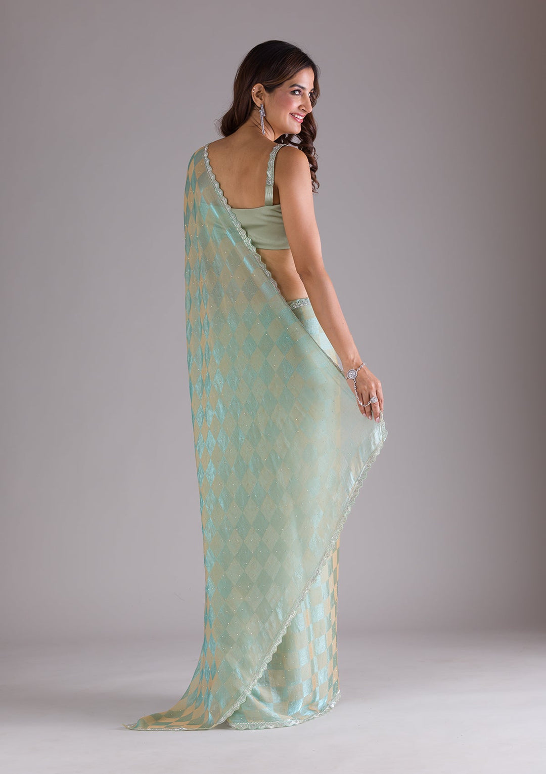Pista Green Stonework Semi Crepe Saree-Koskii