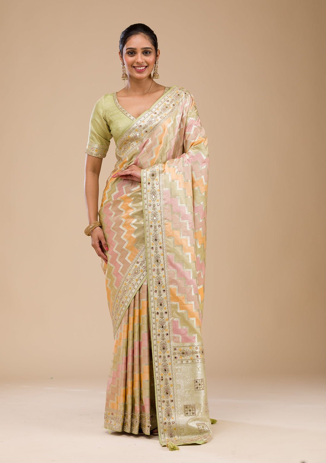 Pista Green Stonework Soft Silk Saree