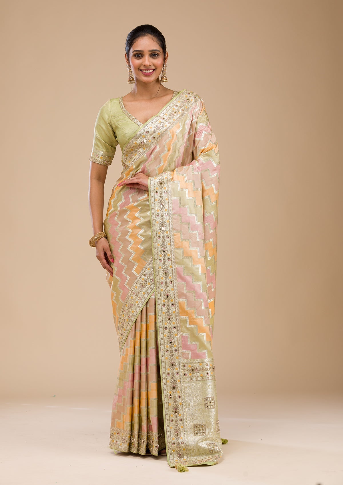 Pista Green Stonework Soft Silk Saree