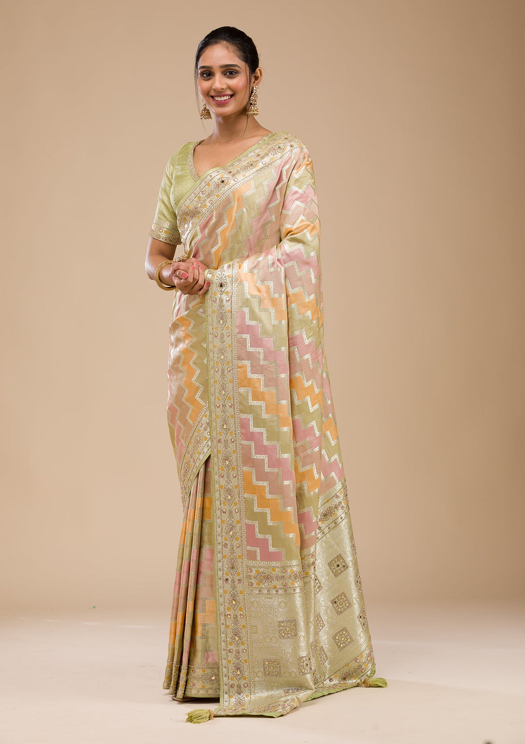 Pista Green Stonework Soft Silk Saree