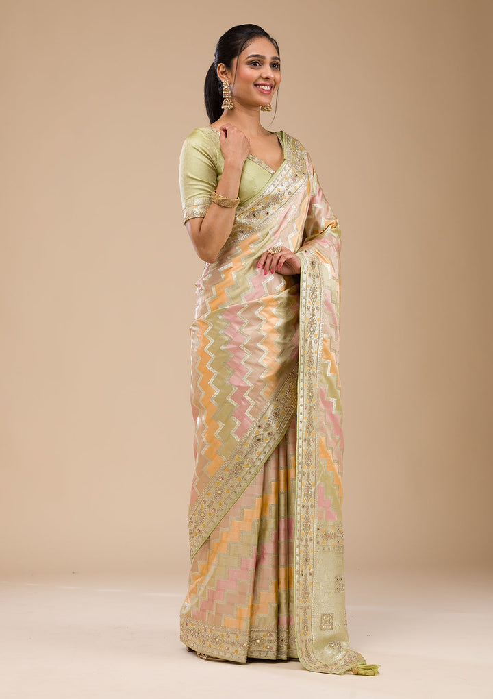 Pista Green Stonework Soft Silk Saree