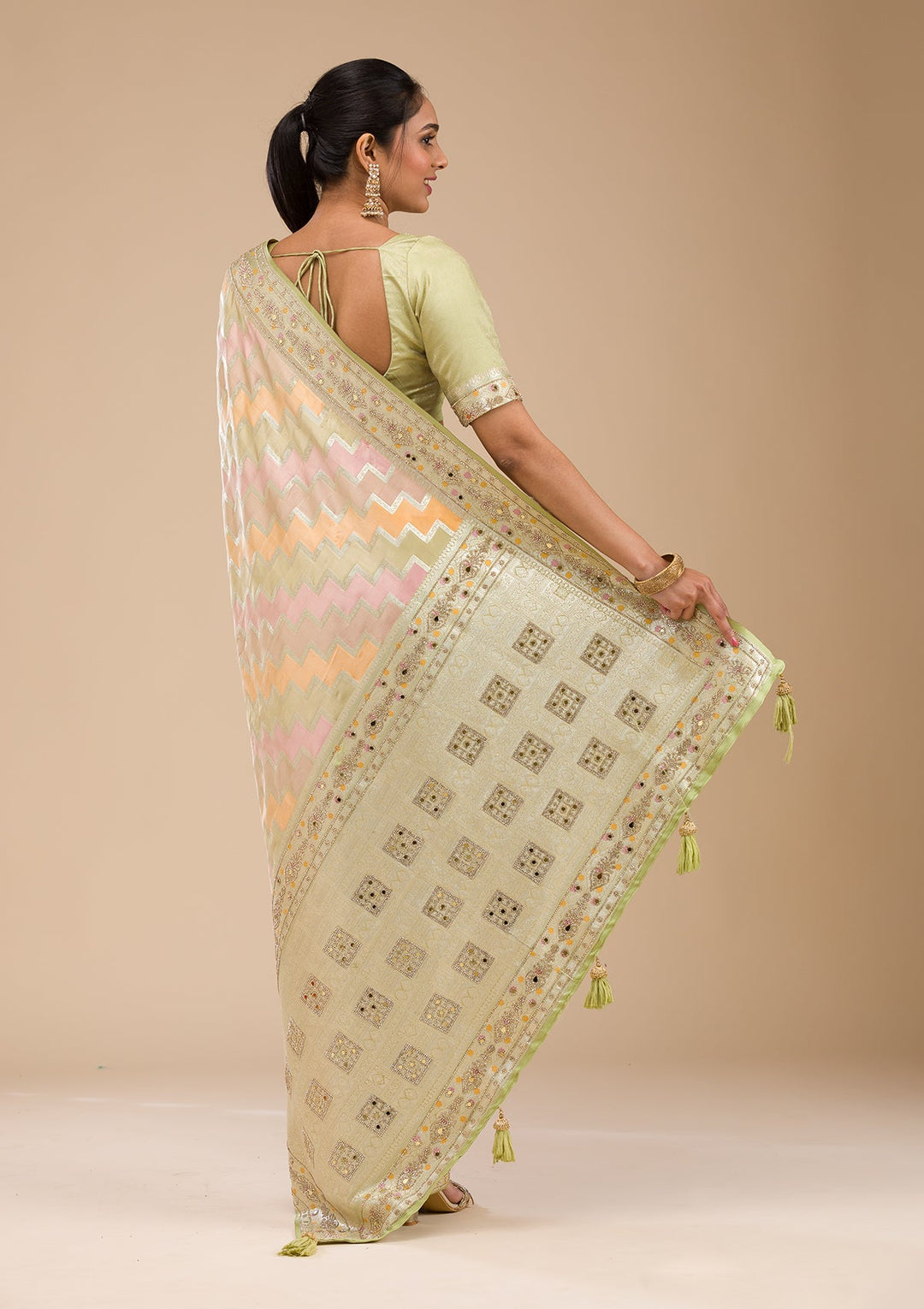 Pista Green Stonework Soft Silk Saree