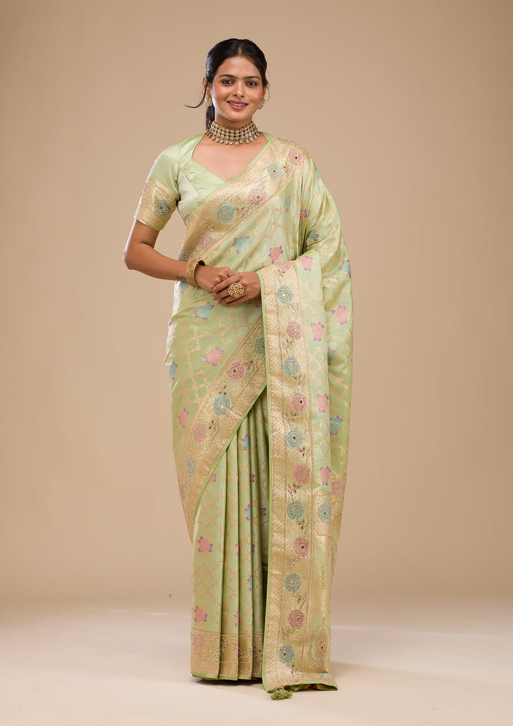 Pista Green Stonework Soft Silk Saree