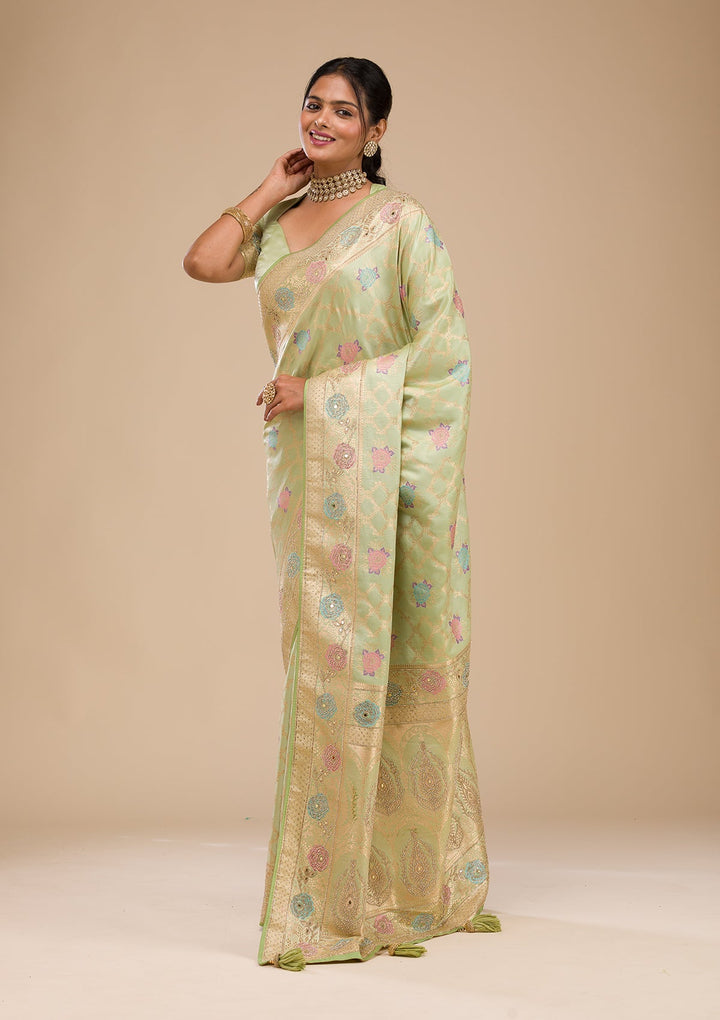 Pista Green Stonework Soft Silk Saree