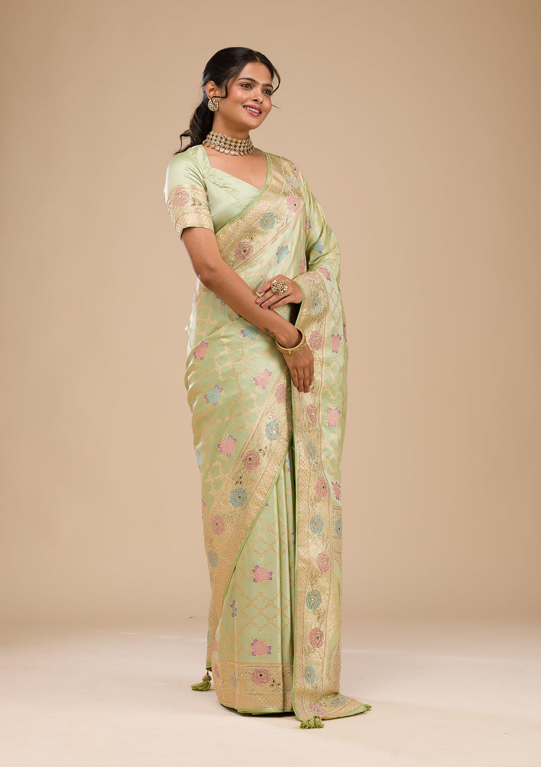 Pista Green Stonework Soft Silk Saree