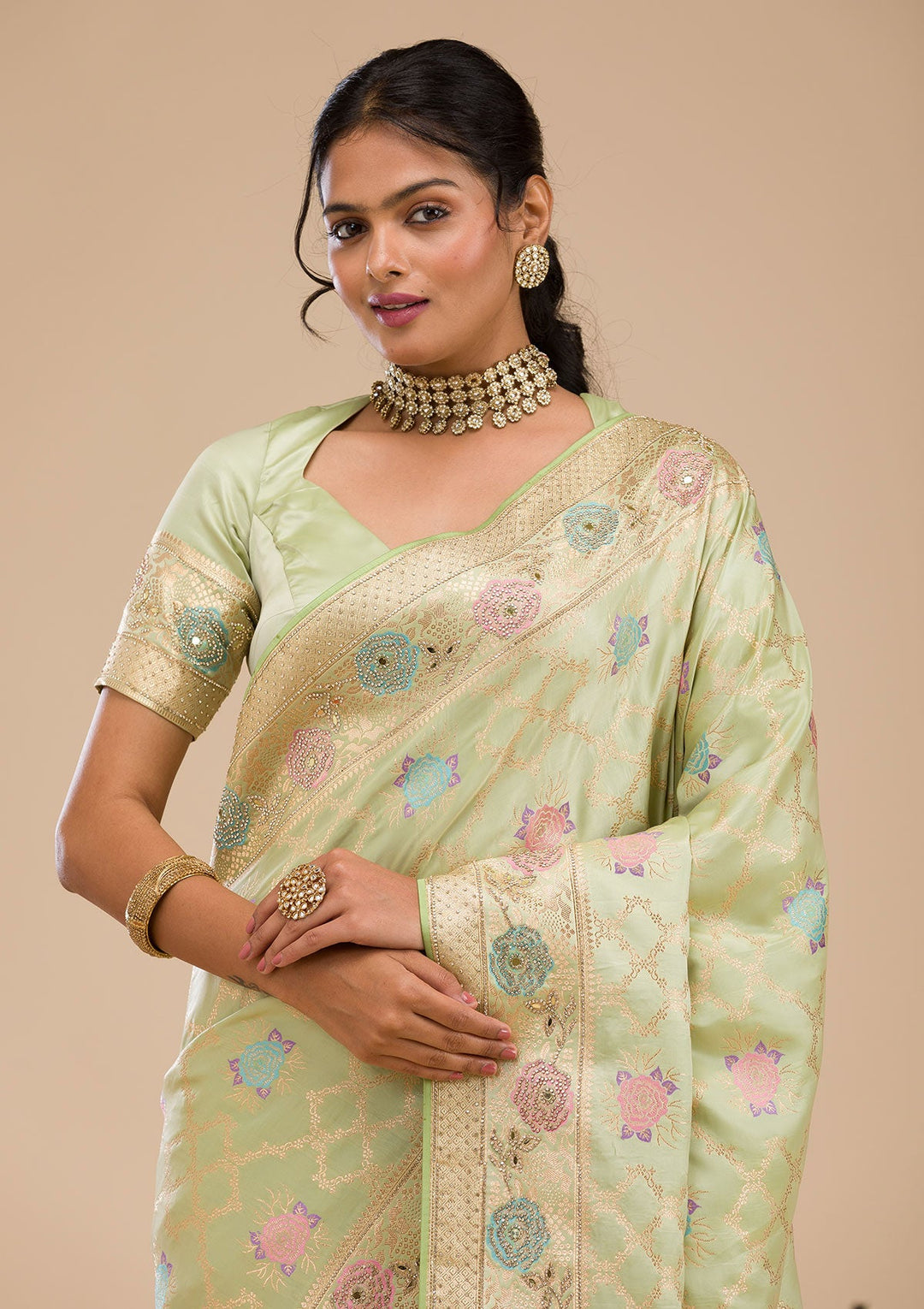 Pista Green Stonework Soft Silk Saree