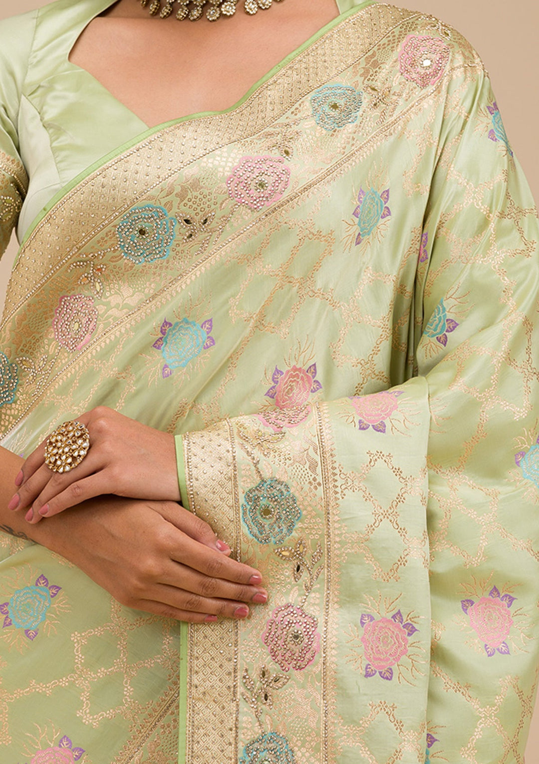 Pista Green Stonework Soft Silk Saree