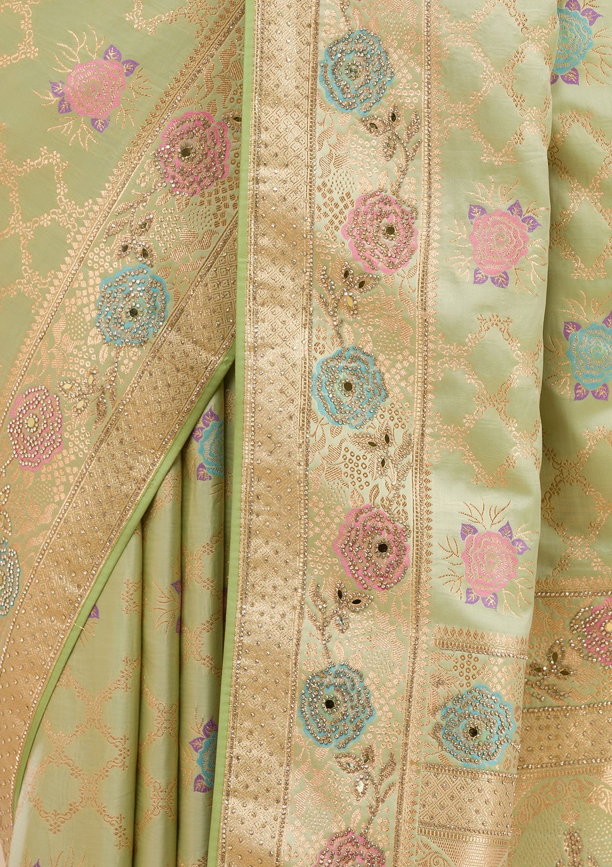 Pista Green Stonework Soft Silk Saree