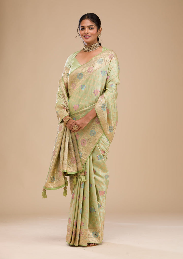 Pista Green Stonework Soft Silk Saree