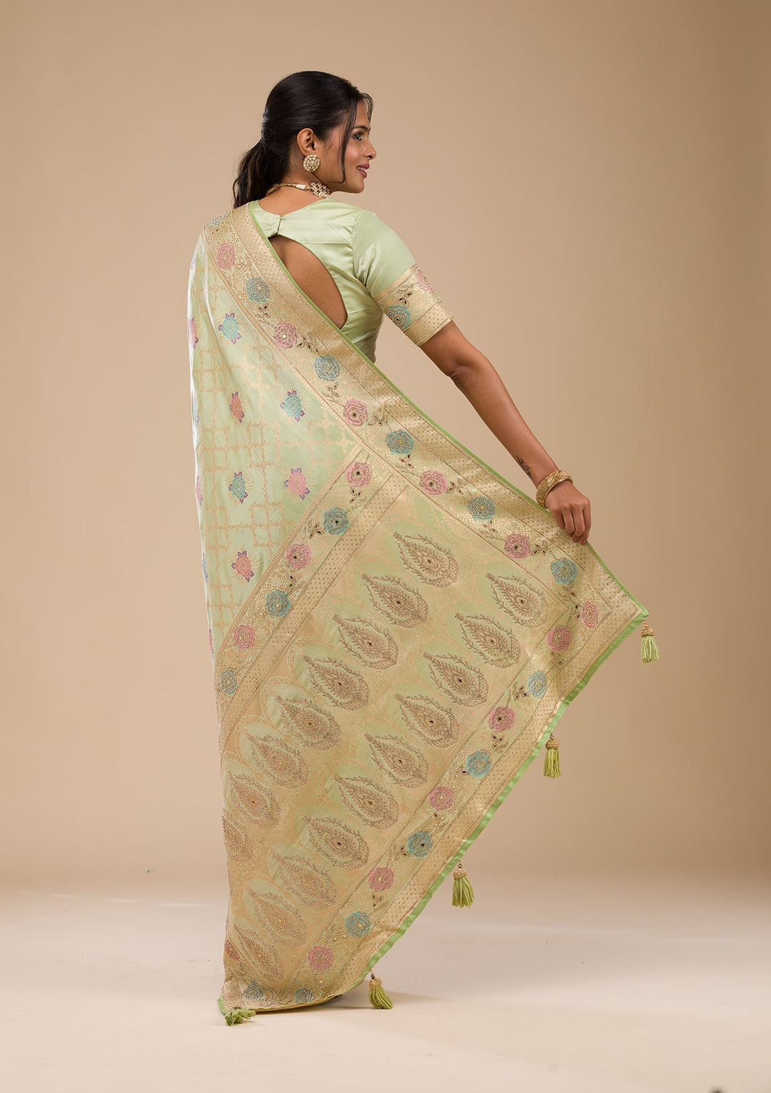 Pista Green Stonework Soft Silk Saree