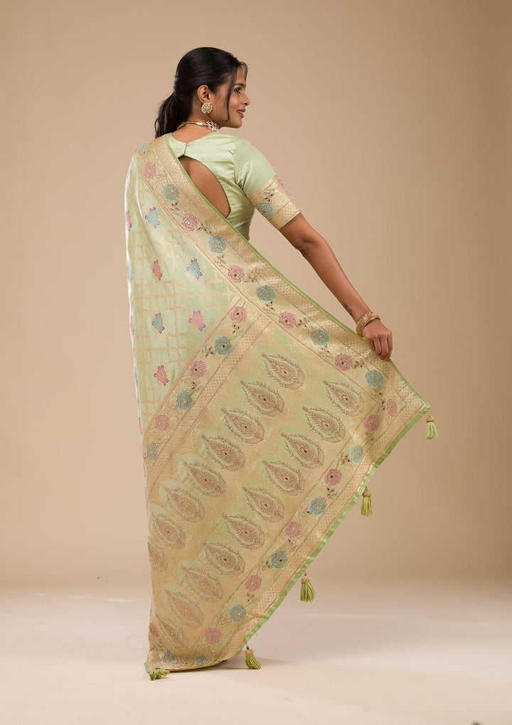 Pista Green Stonework Soft Silk Saree