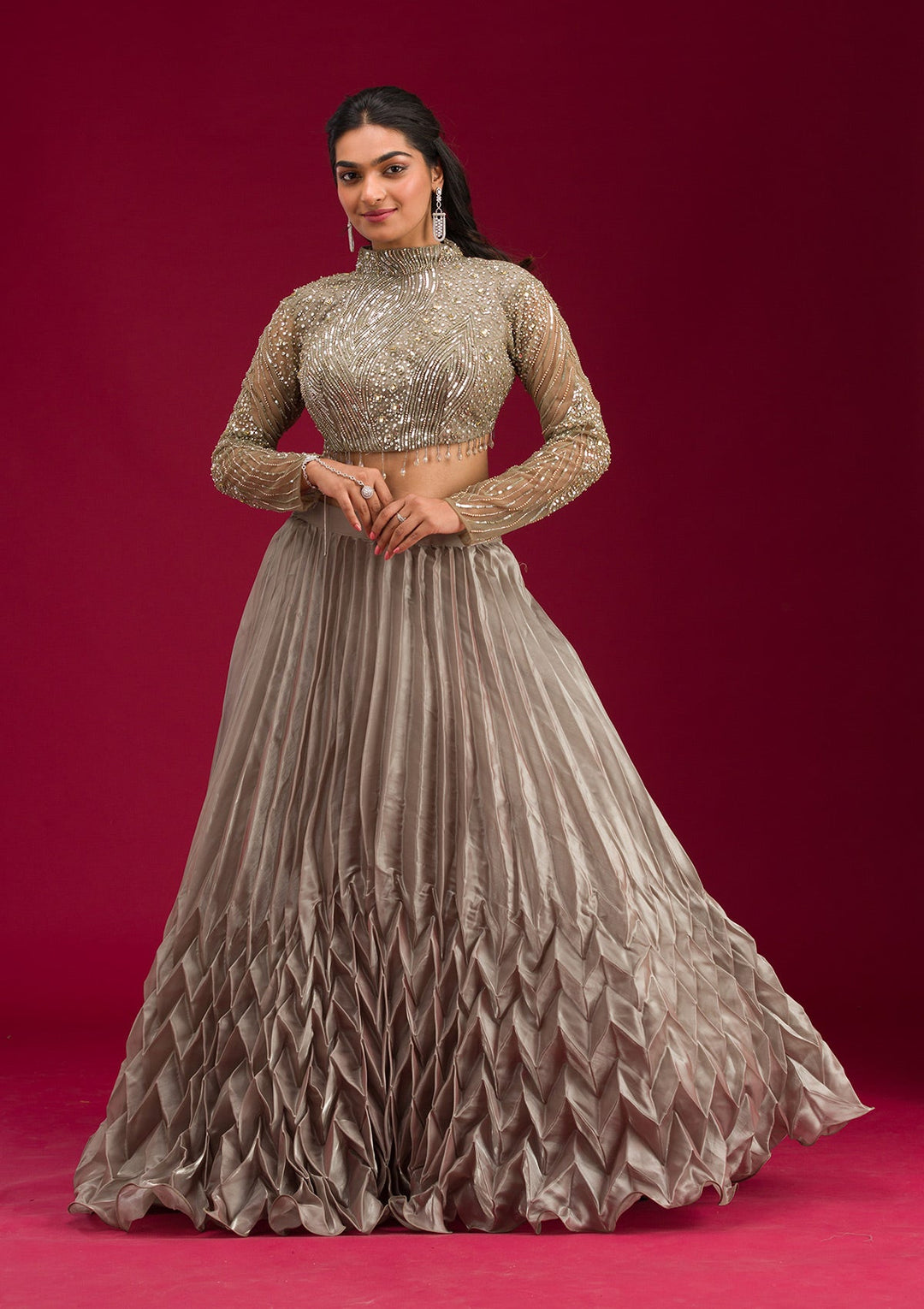 Pista Green Stonework Tissue Readymade Lehenga