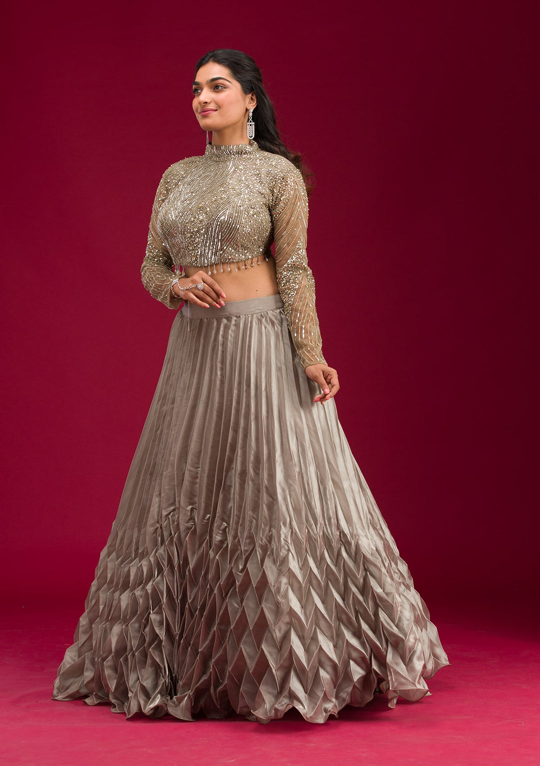 Pista Green Stonework Tissue Readymade Lehenga