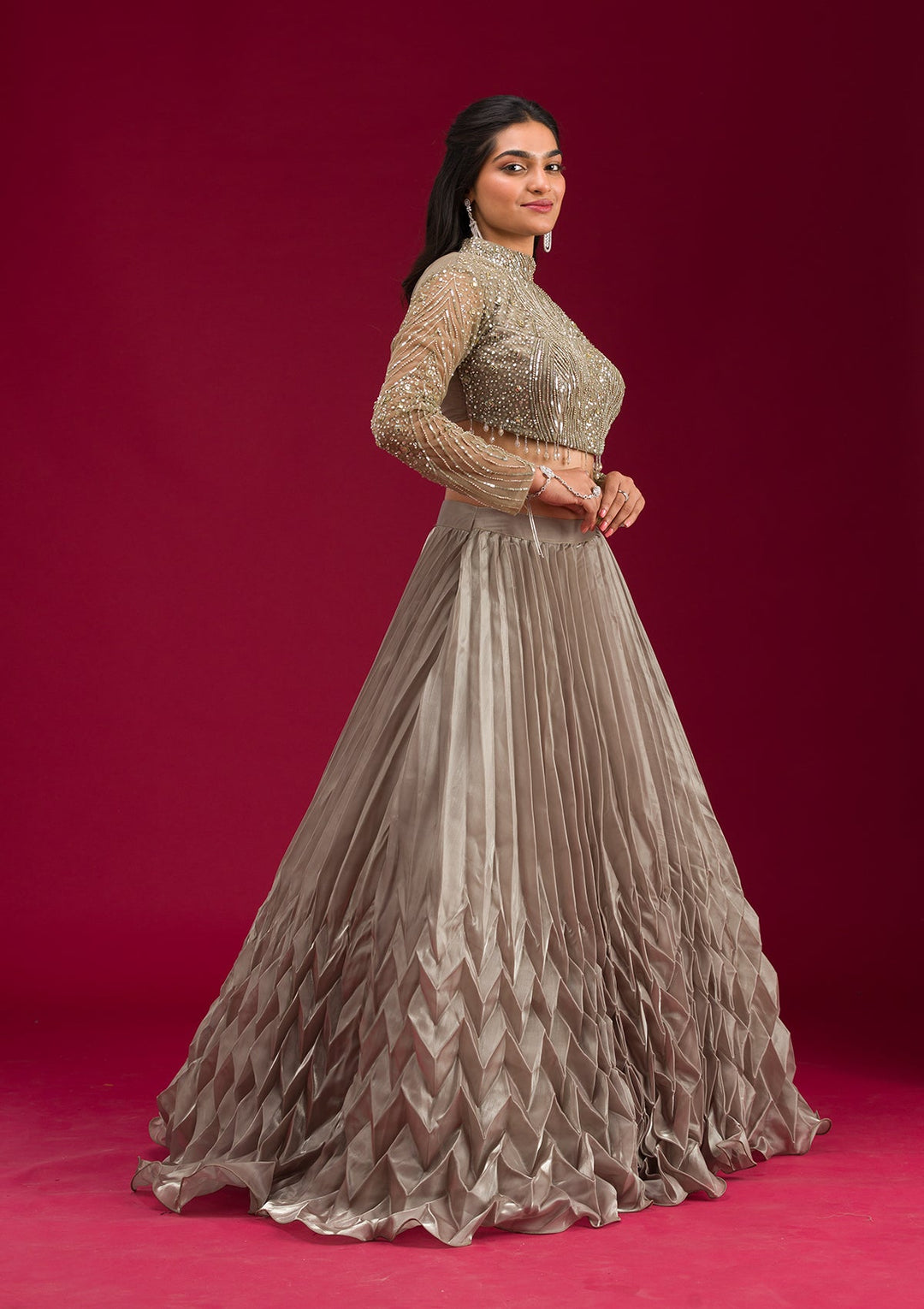 Pista Green Stonework Tissue Readymade Lehenga