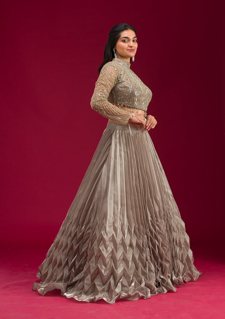 Pista Green Stonework Tissue Readymade Lehenga