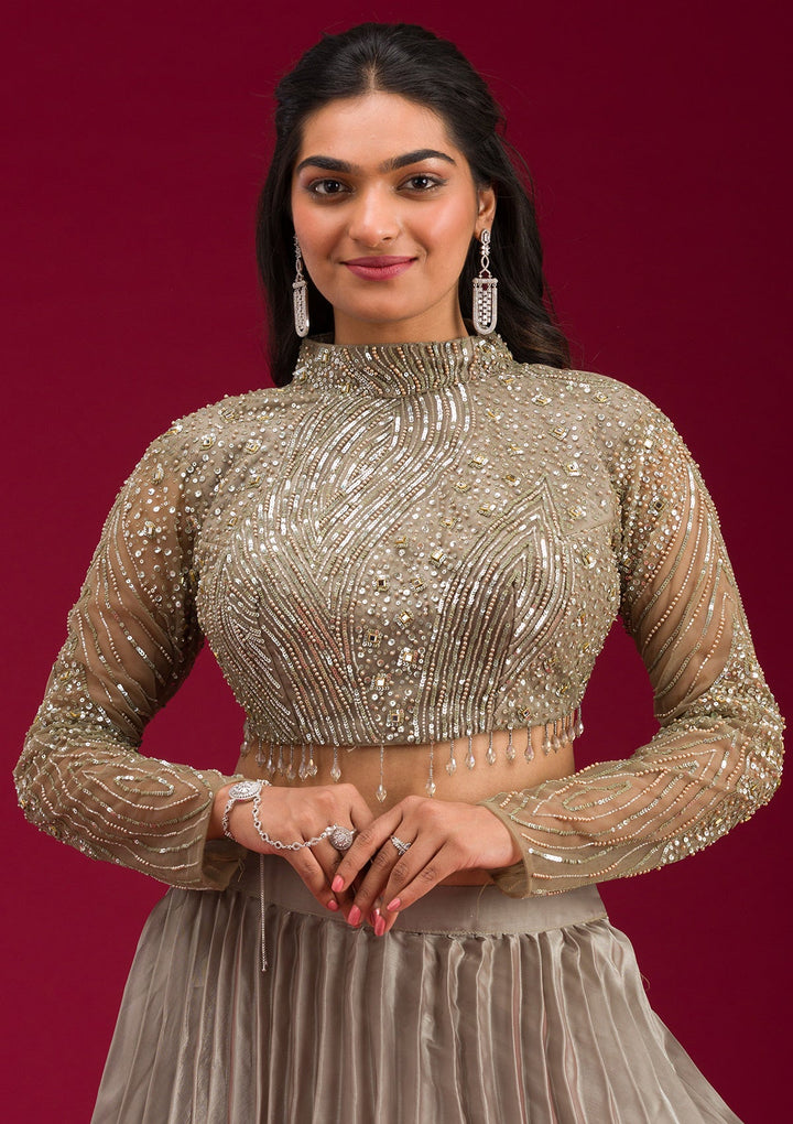 Pista Green Stonework Tissue Readymade Lehenga