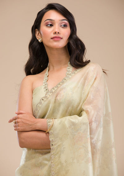 Pista Green Stonework Tissue Saree-Koskii