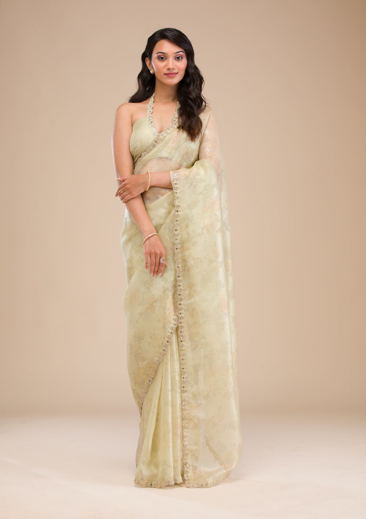 Pista Green Stonework Tissue Saree-Koskii