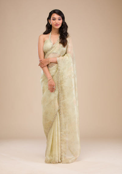 Pista Green Stonework Tissue Saree-Koskii