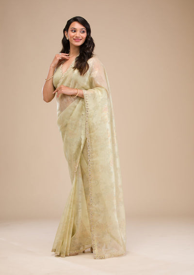 Pista Green Stonework Tissue Saree-Koskii