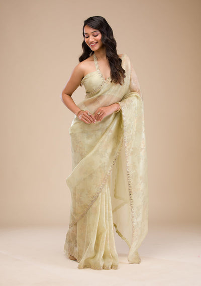 Pista Green Stonework Tissue Saree-Koskii