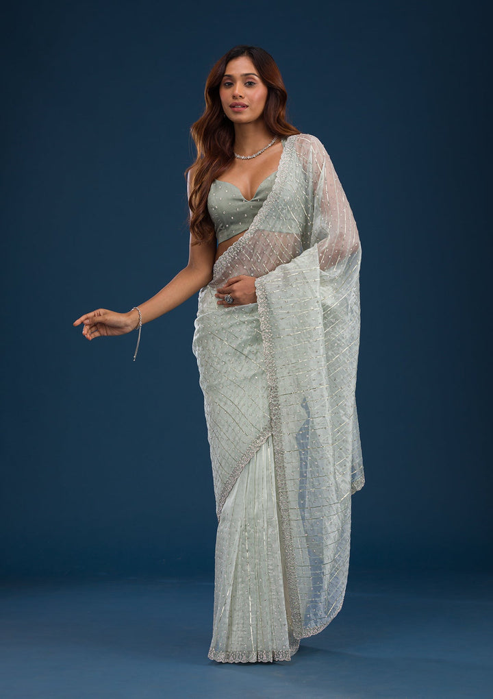 Pista Green Stonework Tissue Saree-Koskii