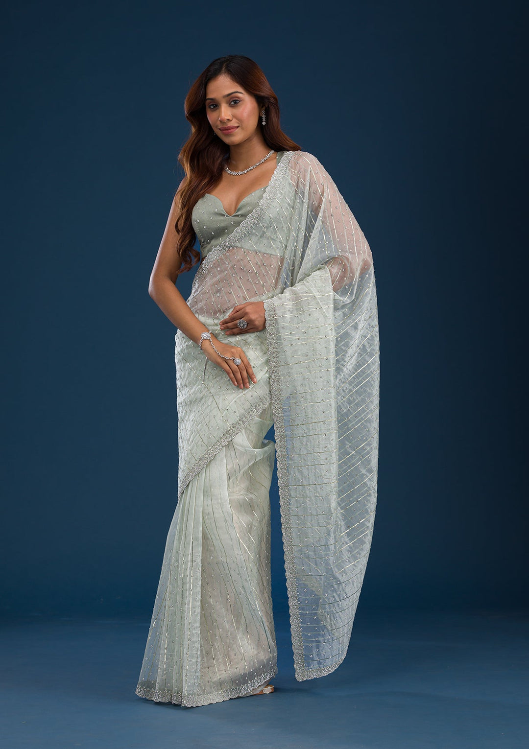 Pista Green Stonework Tissue Saree-Koskii