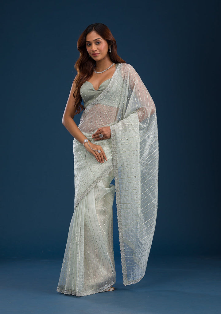Pista Green Stonework Tissue Saree-Koskii