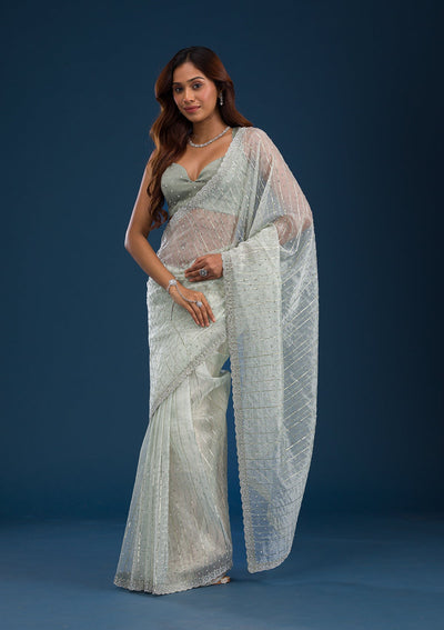 Pista Green Stonework Tissue Saree-Koskii