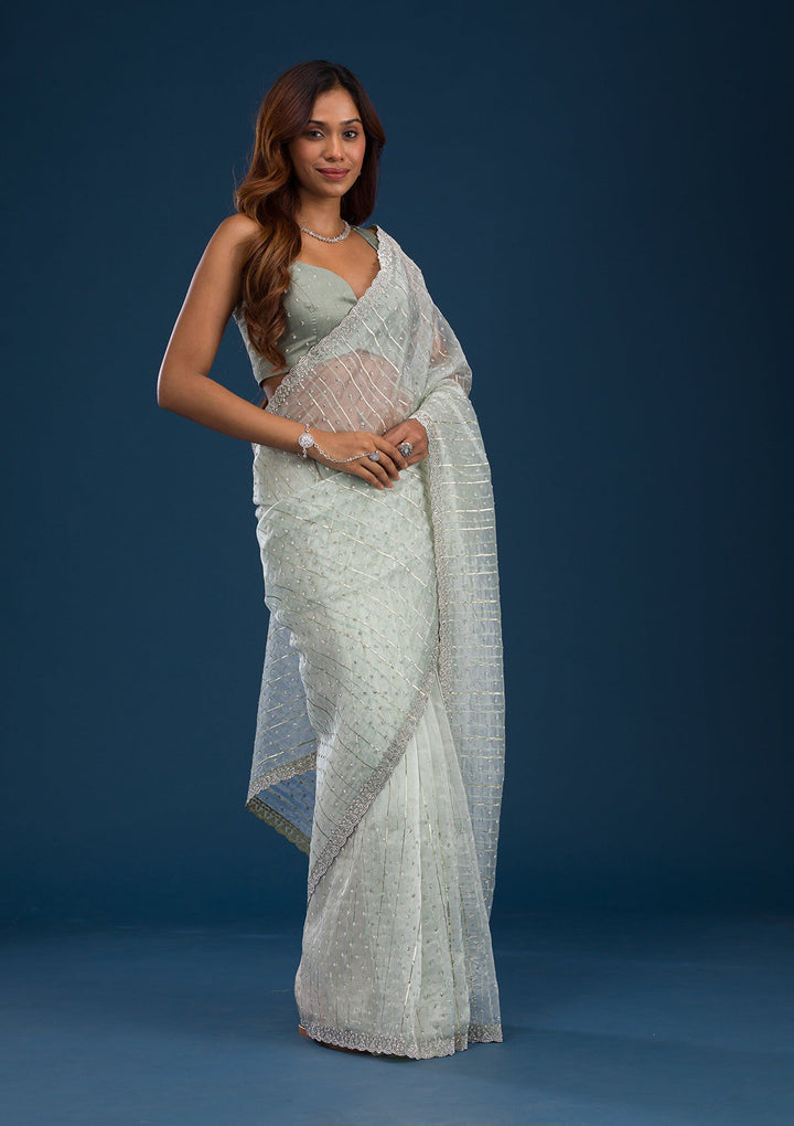 Pista Green Stonework Tissue Saree-Koskii