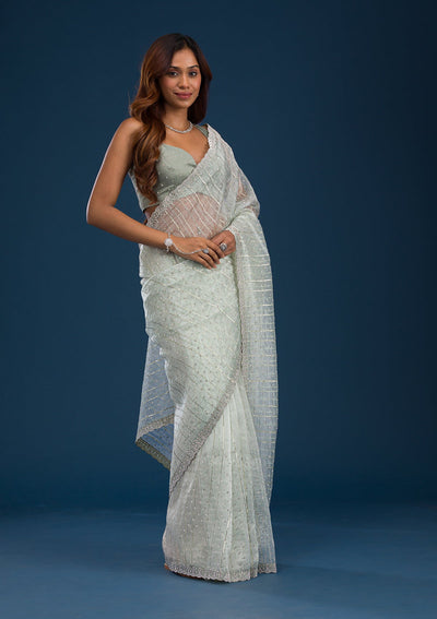 Pista Green Stonework Tissue Saree-Koskii
