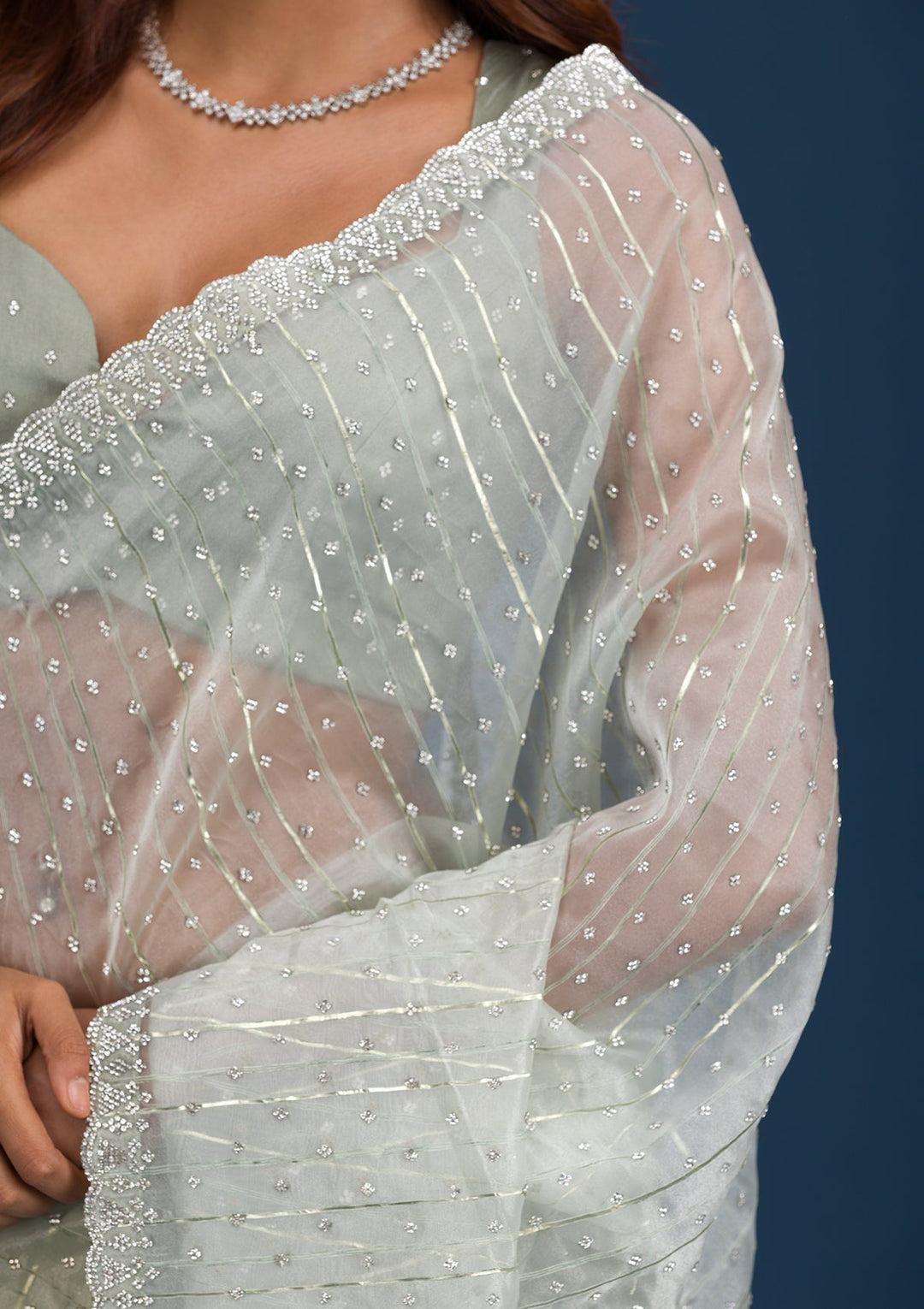 Pista Green Stonework Tissue Saree-Koskii