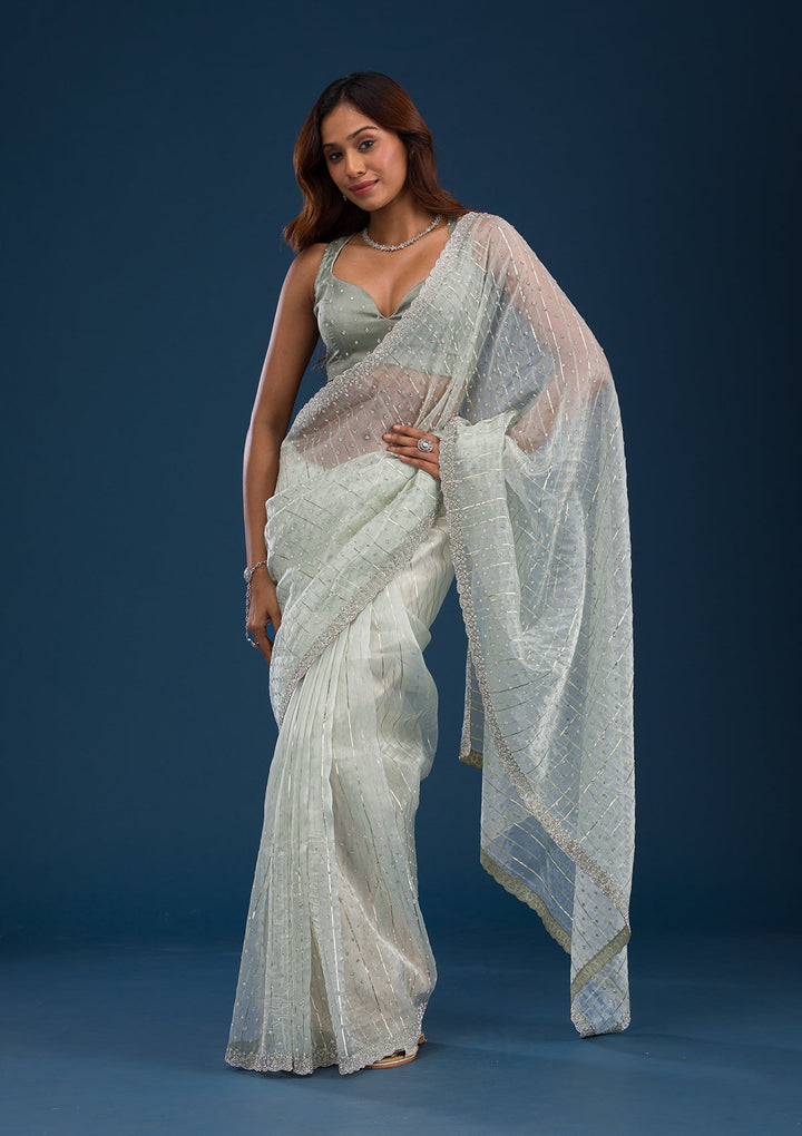 Pista Green Stonework Tissue Saree-Koskii