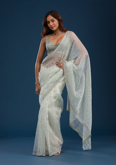 Pista Green Stonework Tissue Saree-Koskii