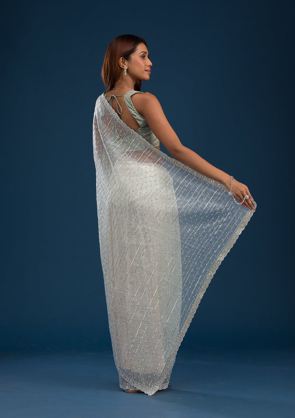 Pista Green Stonework Tissue Saree-Koskii